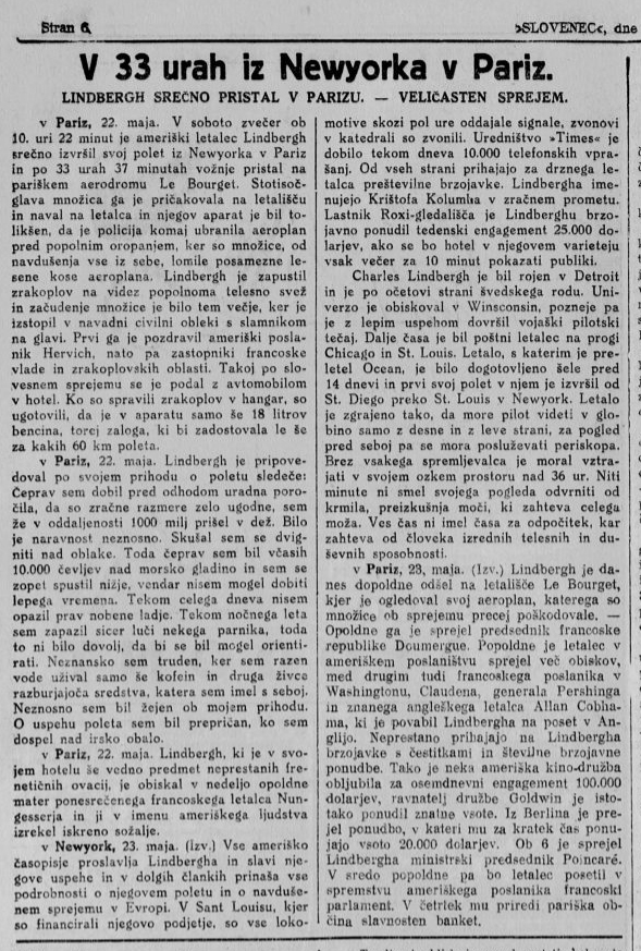 Prispevek o prihodu Lindbergha v Pariz iz časopisa Slovenec, 24. maj 1927.