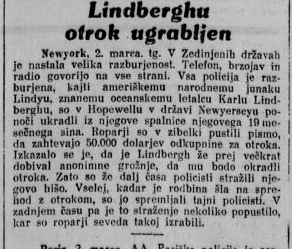 Notica o ugrabitvi Charlesa Lindbergha ml. v časopisu Slovenec, 3. marec 1932.