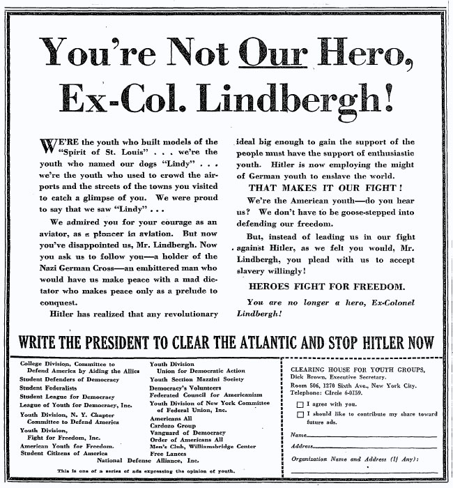 Lindbergha obtožijo rasističnega sovraštva. Propagandni oglas, New York Times, 21. julij 1941.