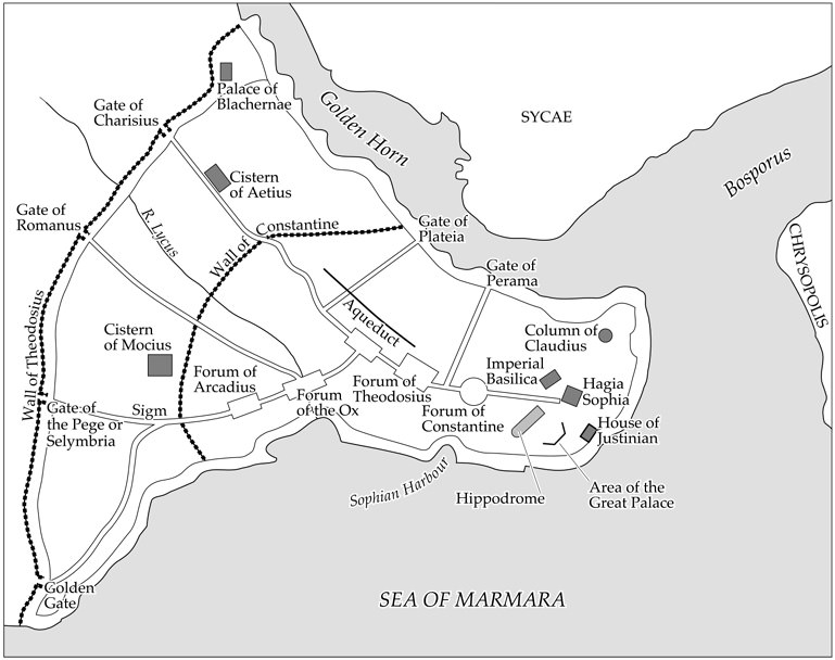 Karta Konstantinopla z vrisanim teodozijevim obzidjem.
