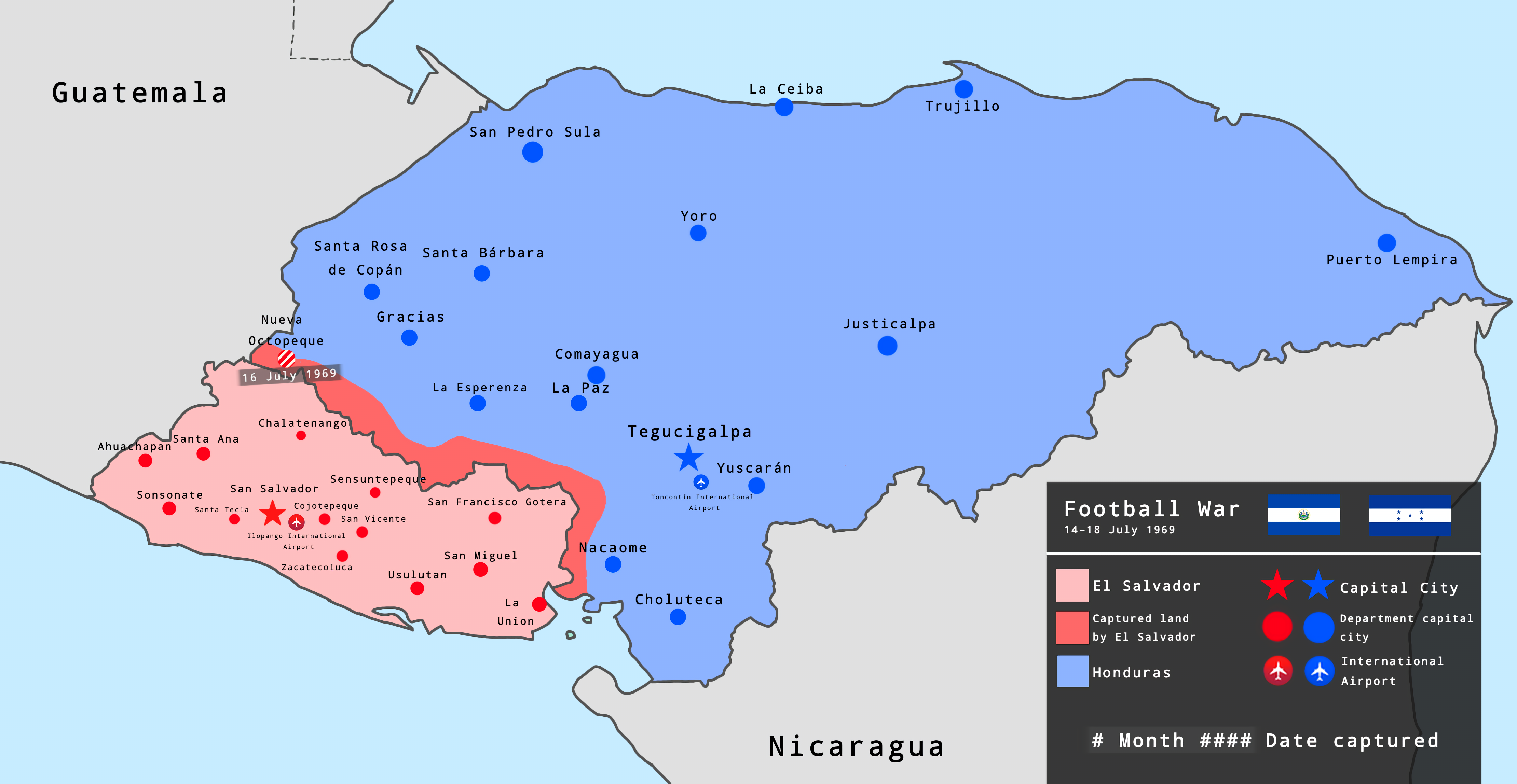 Zemljevid operacij. Z redo barvan Salvador v modro Honduras.